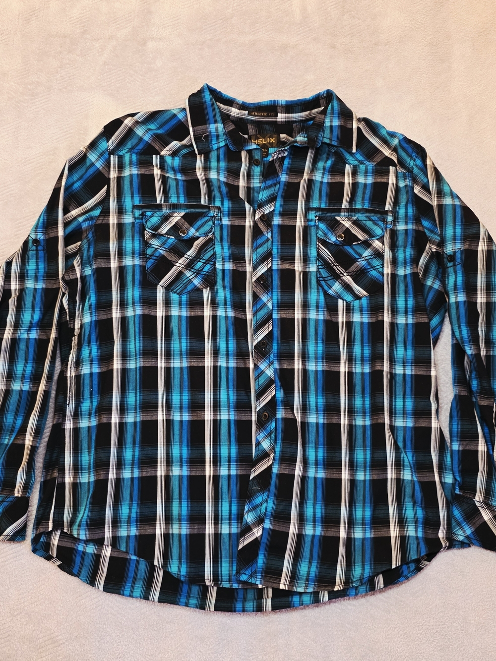 Mens XXL Western Pearl Snap Plaid Shirt Flannel-Style Grunge Teal Black Helix